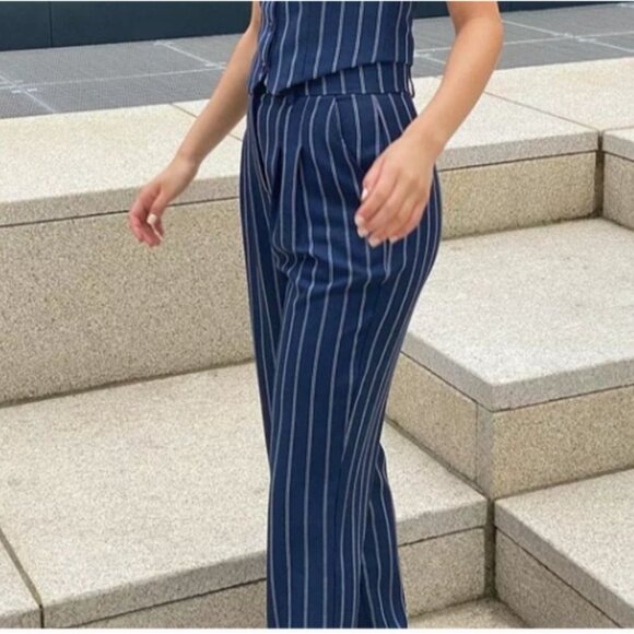Womens Y2K Pleated Wide Leg Casual Streetwear Sz Small Navy Pinstriped Trousers - Picture 4 of 12